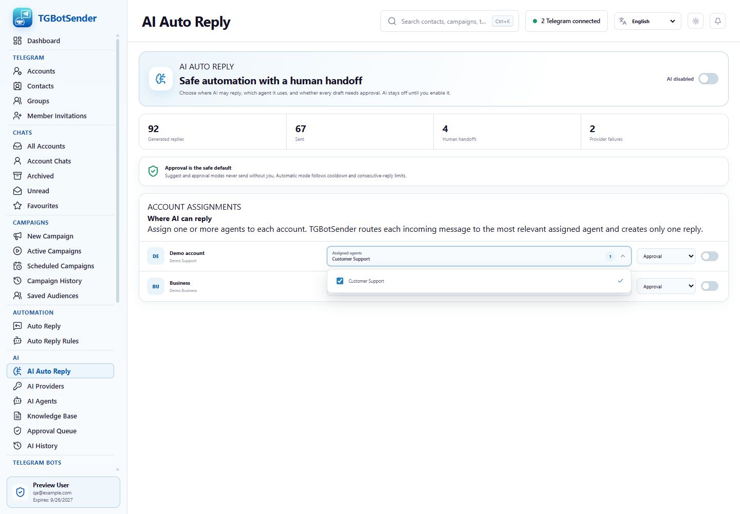TGBotSender account agent multi-select
