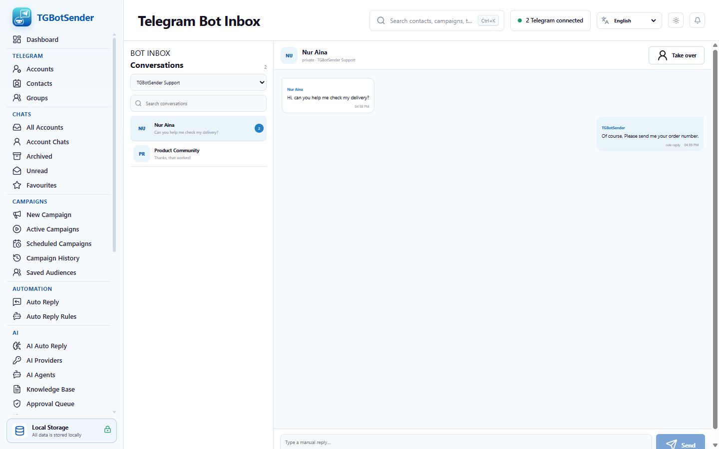Current TGBotSender Telegram Bot Inbox