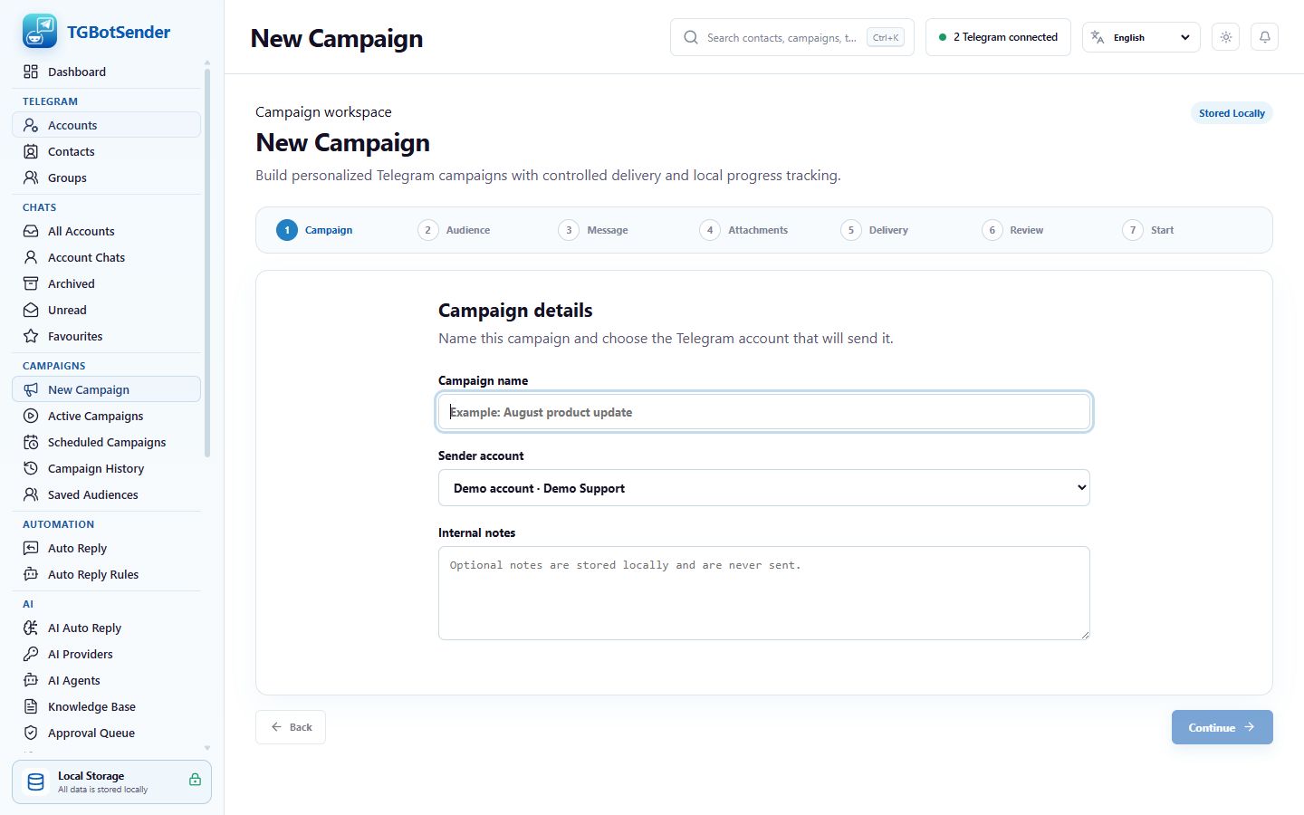 Current TGBotSender seven-step campaign builder