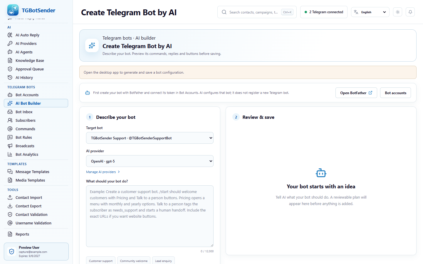 Current TGBotSender AI Telegram Bot Builder