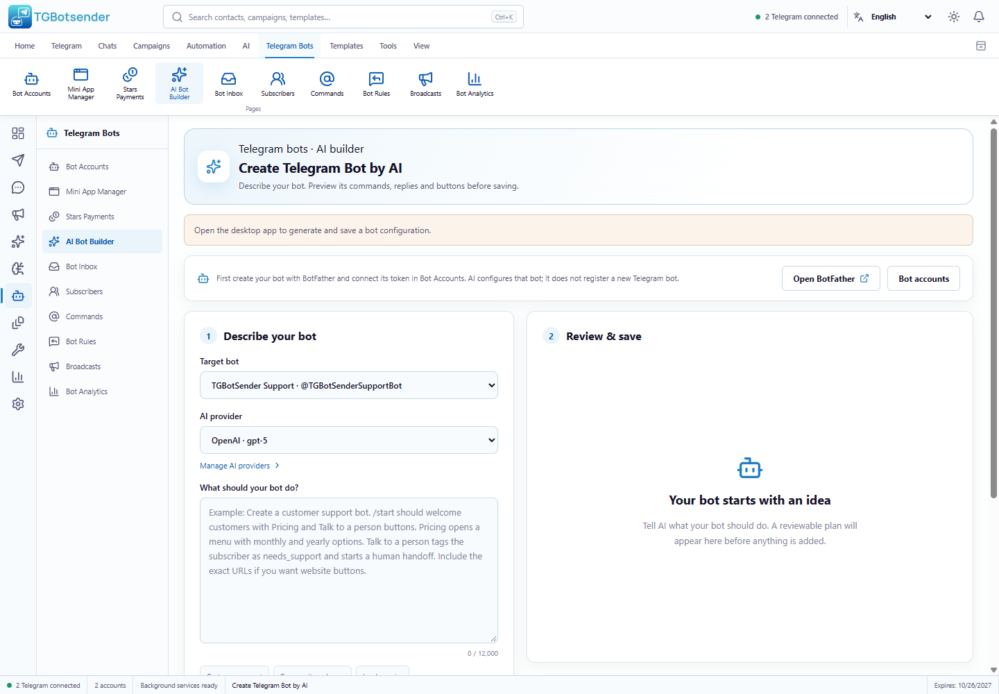 TGBotSender AI Telegram Bot Builder with a reviewable blueprint