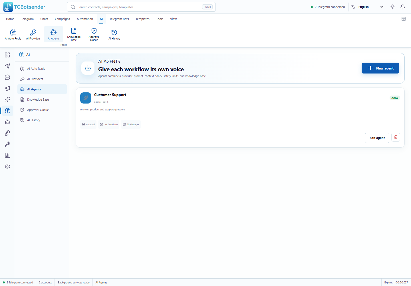 TGBotSender AI Agents workspace for provider, model, instructions, and reply behavior