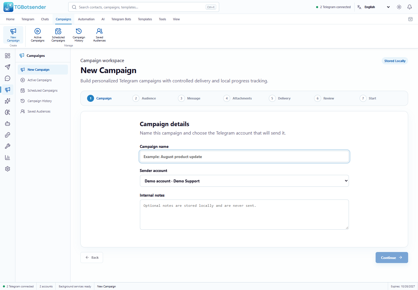 TGBotSender campaign builder with audience, message, attachment, delivery, and review steps