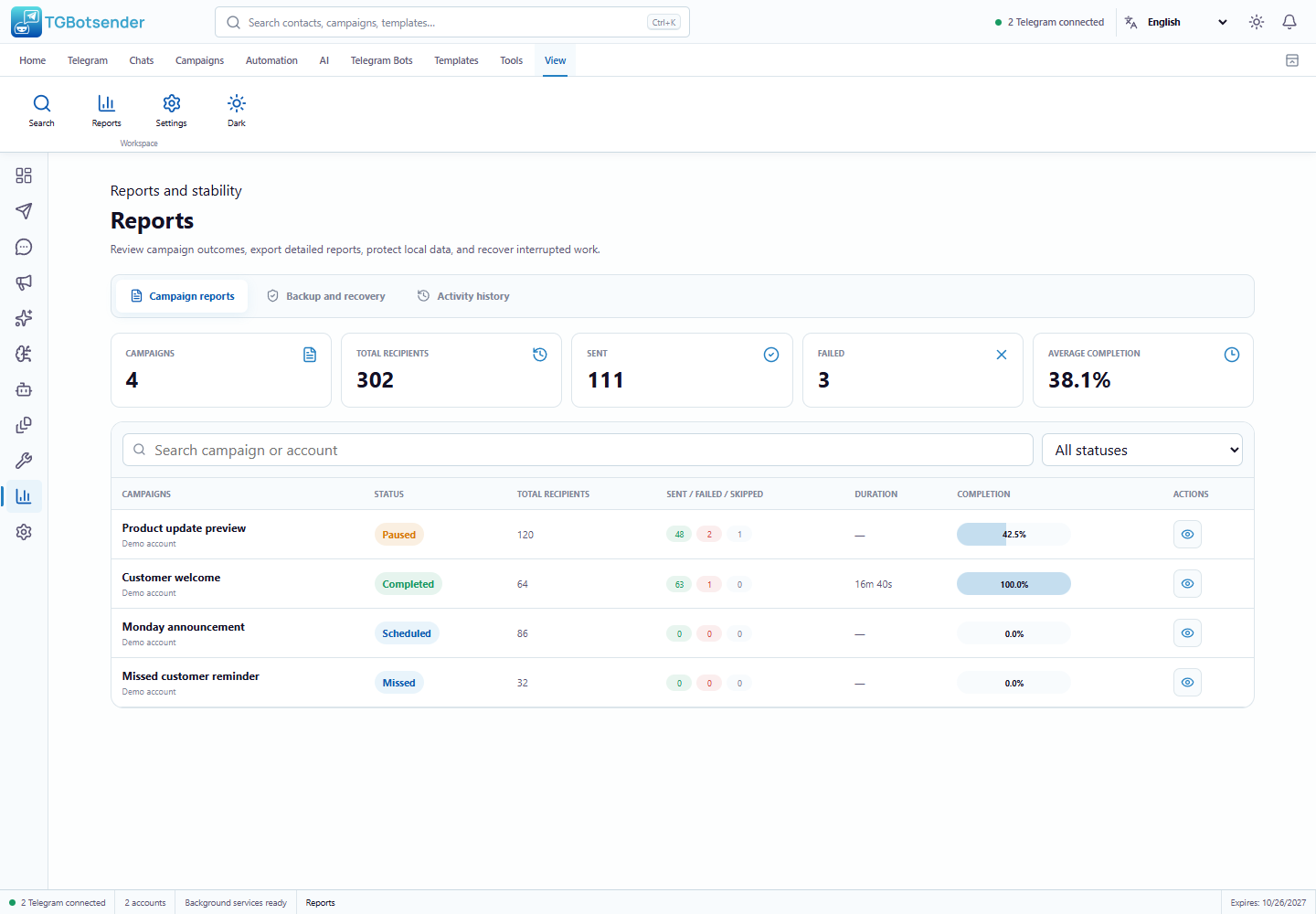 Current campaign reports workspace