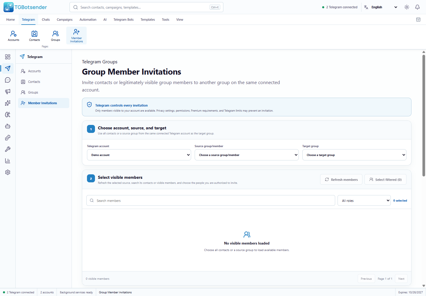 TGBotSender group member invitation workflow with source, target, eligibility, and progress