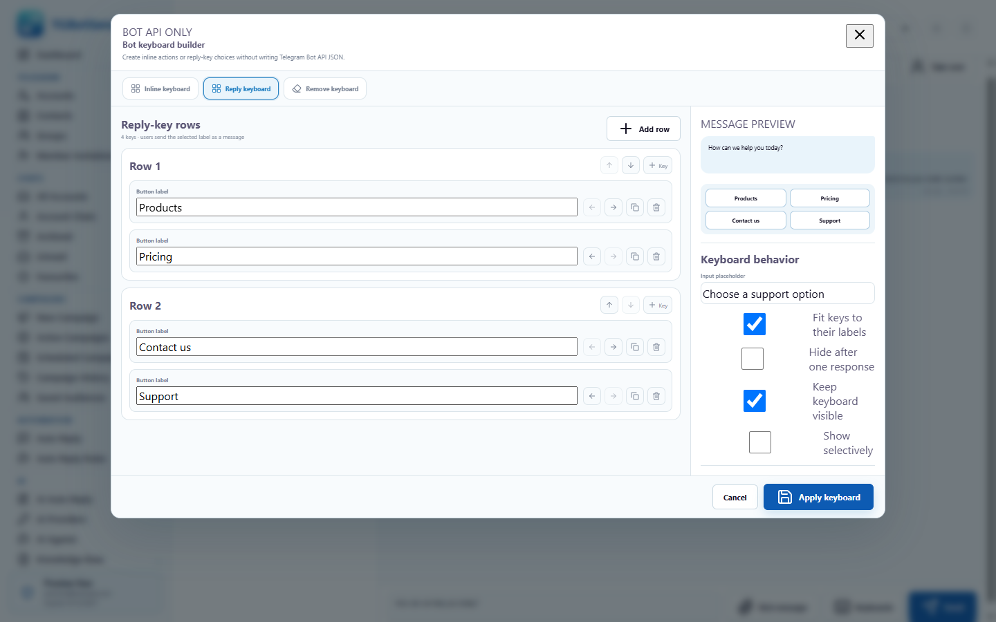 Reply Keyboard Builder