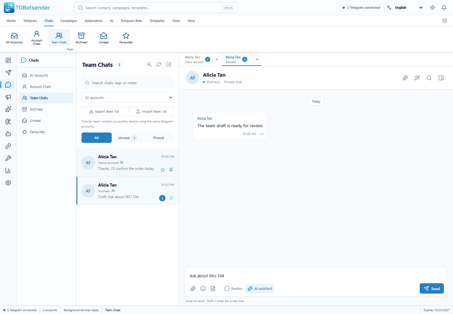 Team Chats workspace with Export team list and Import team list buttons below the account filter